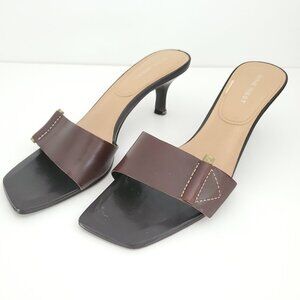 NINE WEST Brown Leather Heeled Slide Sandals Square Toe Bronze Buckle Accent 8M